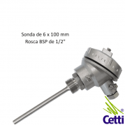Sensor de Temperatura Termopar PT100 6x100 mm Rosca BSP 1/2” e Cabeçote
