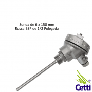 Sensor de Temperatura Termopar PT100 6x150 mm Rosca BSP 1/2” e Cabeçote