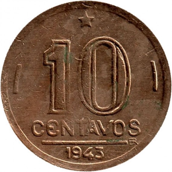 Moeda 10 centavos de cruzeiro - Brasil - 1943- REF:179a