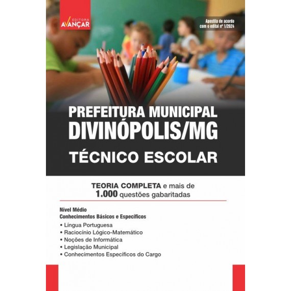 PREFEITURA DE DIVINÓPOLIS MG - TÉCNICO ESCOLAR: IMPRESSA + E-BOOK - Frete Grátis