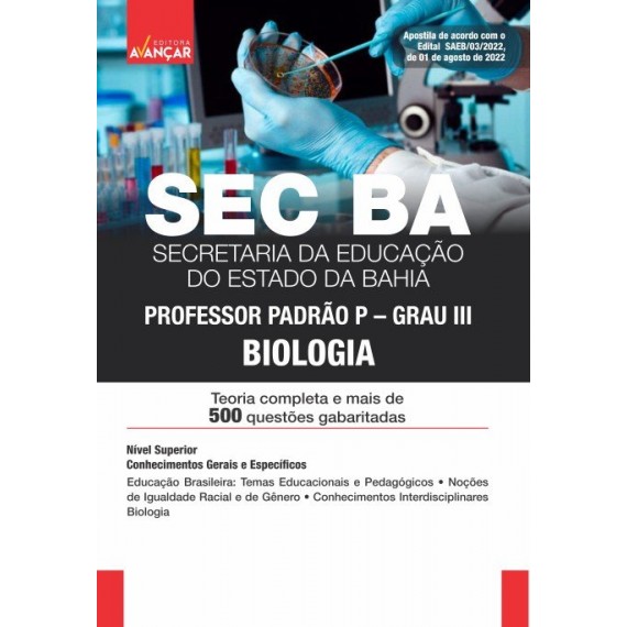 SEC BA - Secretaria de Educação da Bahia - Professor Padrão P/Grau III: Biologia - E-BOOK - Liberação Imediata