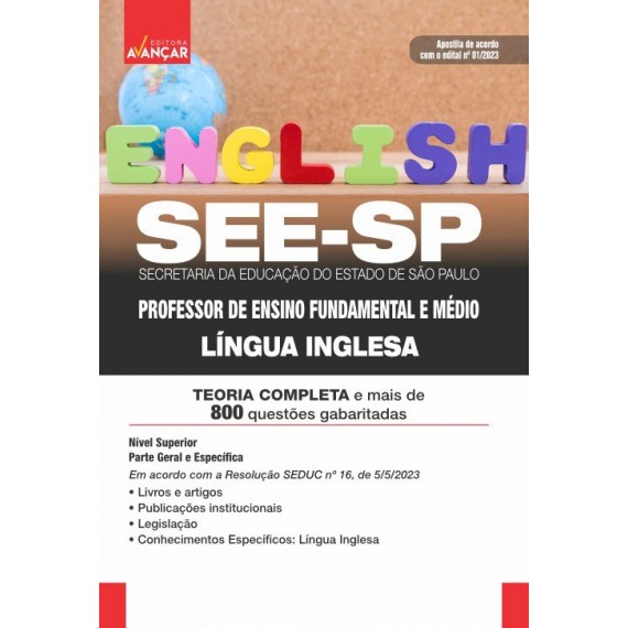 SEE SP - Secretaria da Educação do Estado de São Paulo - Professor de Ensino Fundamental e Médio - LÍNGUA INGLESA: IMPRESSA - FRETE GRÁTIS + E-BOOK